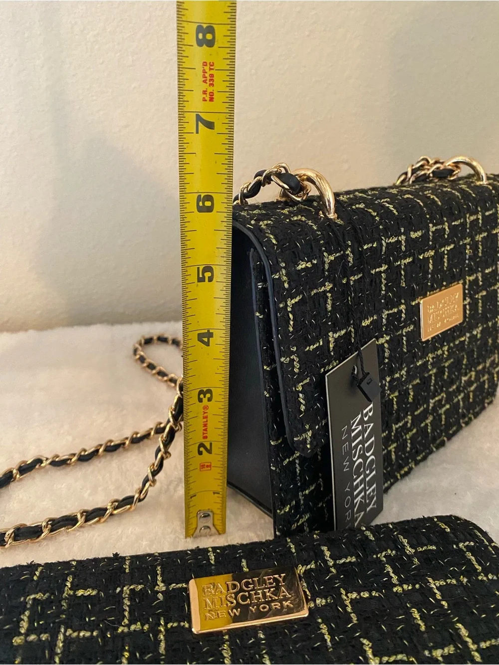 Badgley Mischka Black and Gold Tara Tweed Chain Crossbody and Wallet Set NWT
